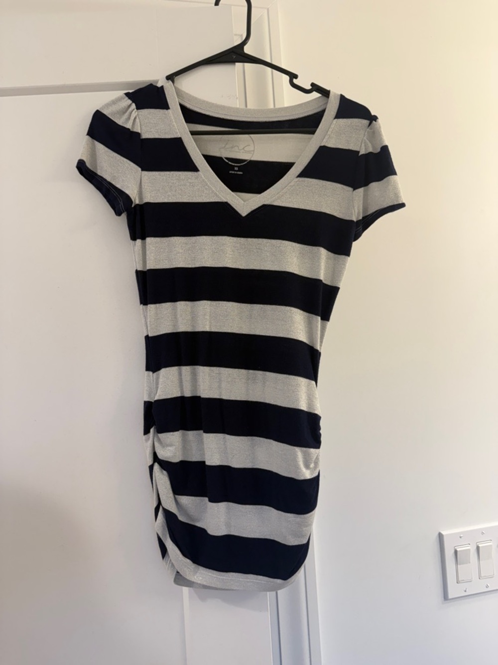 INC International Concepts Navy and White Striped V-Neck Short Sleeve Tee